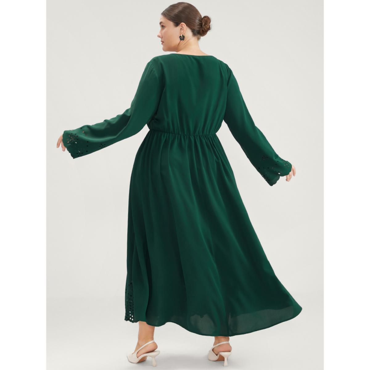 Plus Size Solid Bell Sleeve Wrap Laser Cut Flutter Hem Maxi Dress Green Women Elegant Cut-Out V-neck Long Sleeve Curvy Long Dress BloomChic 10/M Product Image