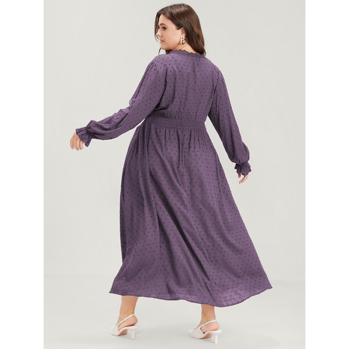 Plus Size Polka Dot Pocket Lantern Sleeve Lace Trim Shirred Dress Mauve Women Elegant Cross straps V-neck Long Sleeve Curvy Long Dress BloomChic 30/6X Product Image