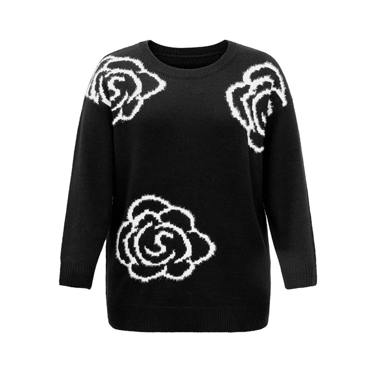 Plus Size Floral Print Two Tone Drop Shoulder Pullover Black Women Casual Loose Long Sleeve Round Neck Dailywear Pullovers BloomChic 28/5X Product Image