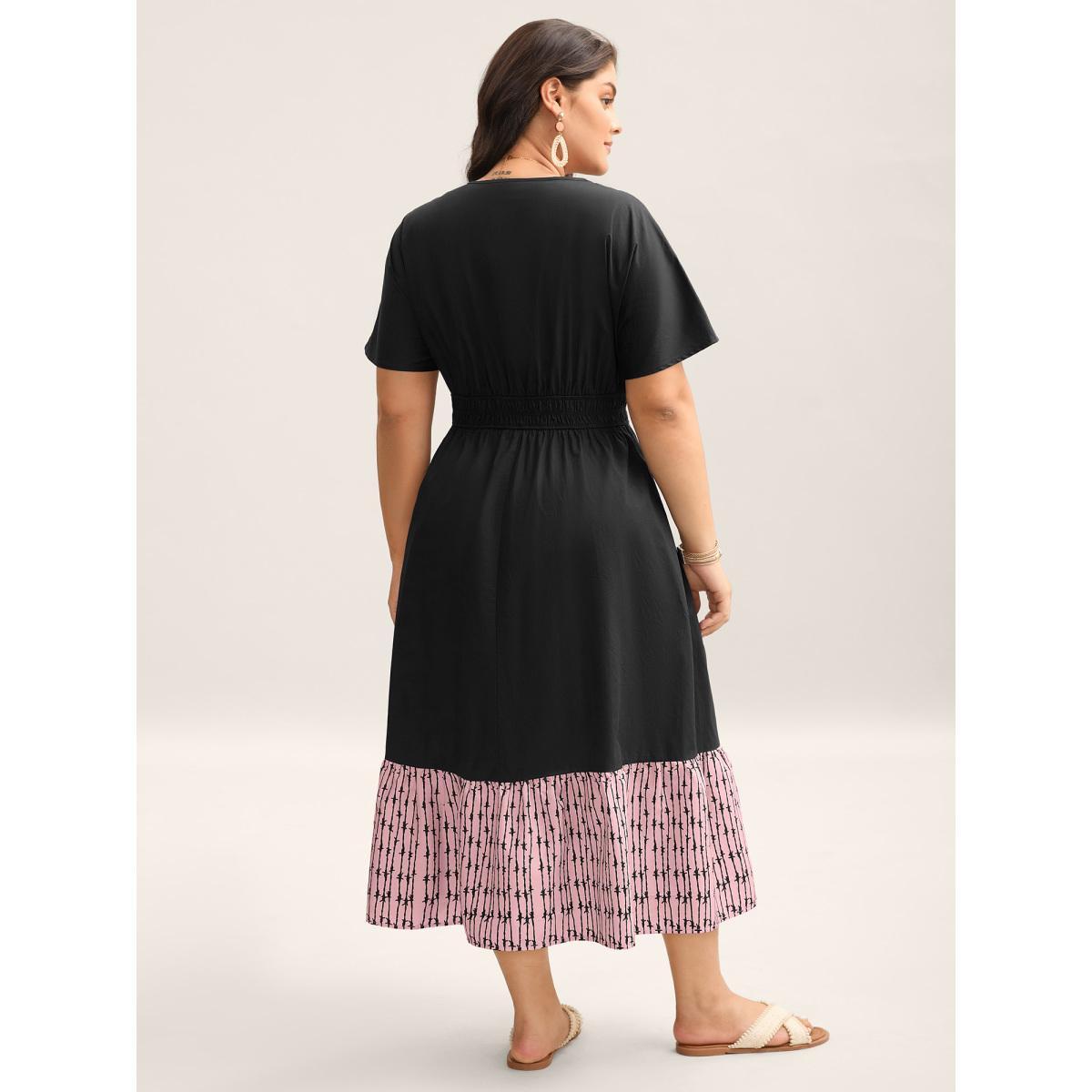 Plus Size Cotton Color Block Cinched-Waist Spliced Maxi Dress Skyblue Women V-neck Sleeveless Curvy BloomChic 22-24/3X Product Image