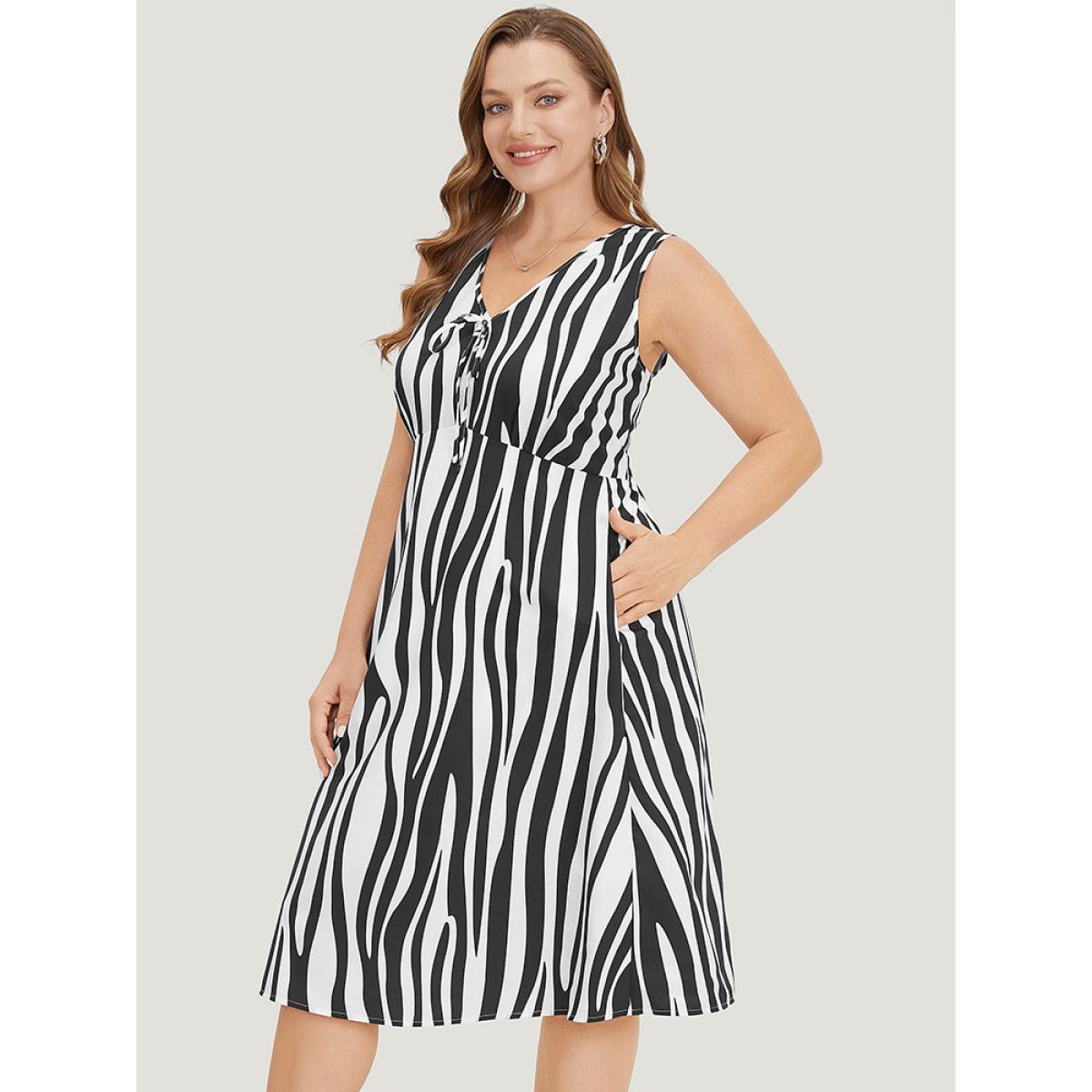 Plus Size Zebra Print Ruffle Sleeveless Pocket Knot Neck Dress Black Women Elegant V-neck Sleeveless Curvy Knee Dress BloomChic 12/L Product Image