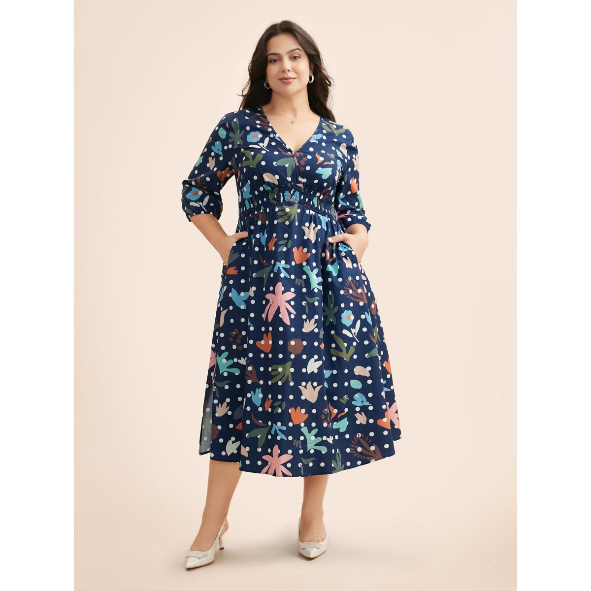 Plus Size Overlap Collar Polka Dot Floral Shirred Dress Multicolor Women Elegant Shirred Overlap Collar Elbow-length sleeve Curvy BloomChic 30/6X Product Image
