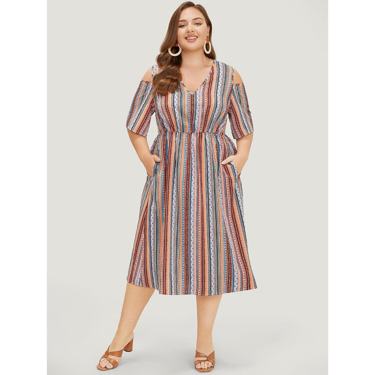 Plus Size Rainbow Striped Pocket Cold Shoulder Dress Multicolor Women Vacation V-neck Short sleeve Curvy Midi Dress BloomChic 30/6X Product Image