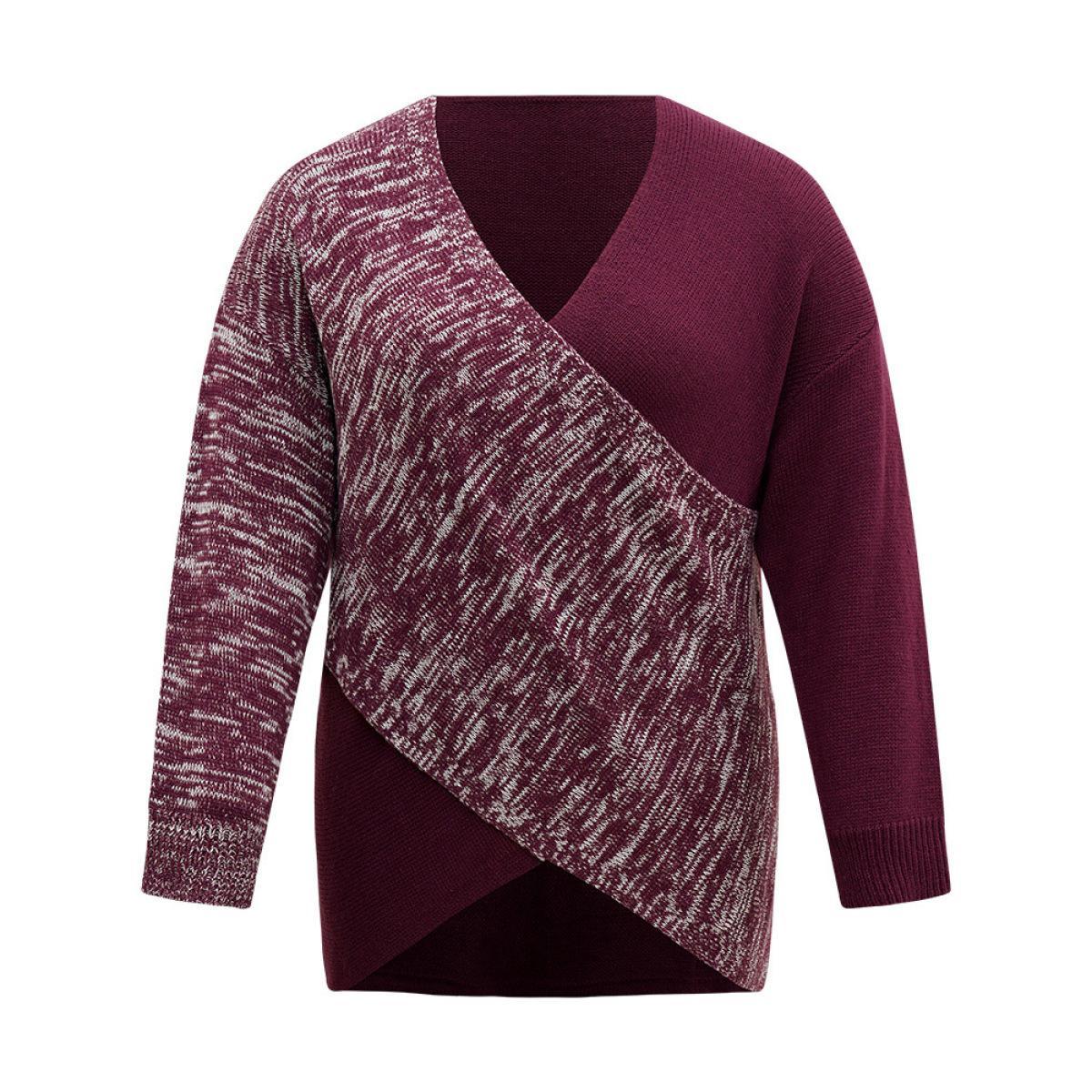 Plus Size Heather Contrast Crossover Patchwork Pullover Burgundy Women Casual Loose Long Sleeve V-neck Dailywear Pullovers BloomChic 10/M Product Image