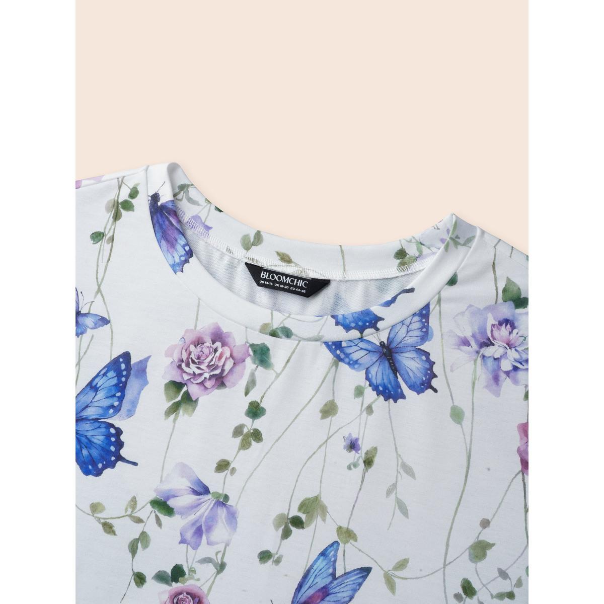 Plus Size Butterfly Print Stretchy Round Neck Sweatshirt Women WhiteSmoke Elegant Non Round Neck Everyday Sweatshirts BloomChic 30/6X Product Image