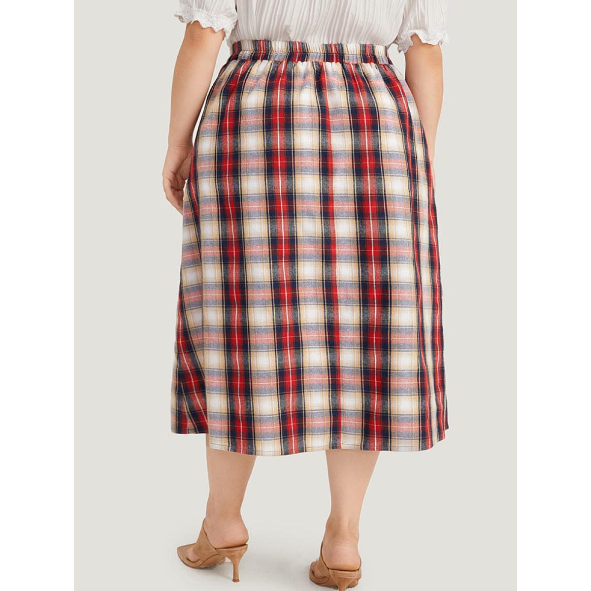 Plus Size Plaid Wideband Waist Pleated Button Detail Skirt Women Raspberry Office Button Loose No stretch Pocket Work Skirts BloomChic 18-20/2X Product Image