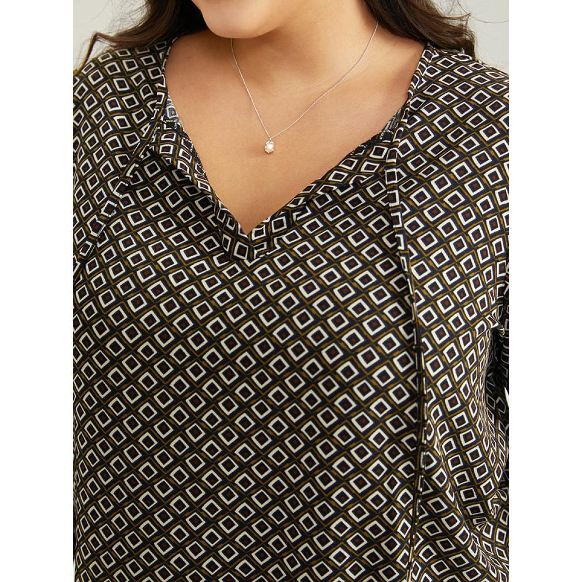 Plus Size Multicolor Geometric Knot Neck Flutter Trim Blouse Women Office Long Sleeve Tie Neck Work Blouses BloomChic 28/5X Product Image