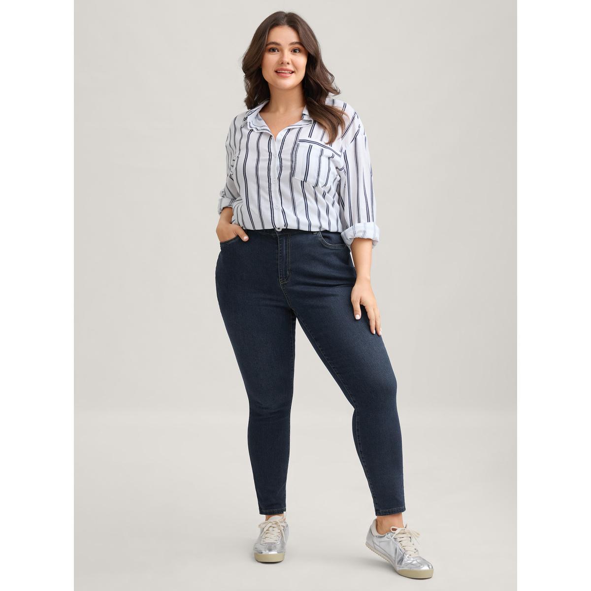 Plus Size Skinny Very Stretchy High Rise Dark Wash Gap Proof Jeans Women DarkBlue Casual Plain Non High stretch Slanted pocket Jeans BloomChic 22/3X Product Image