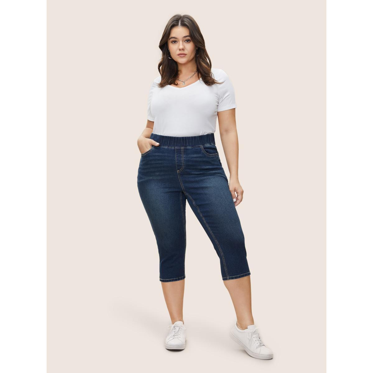 Plus Size Split Side Elastic Waist Pull-On Jegging Jeans Women Blue Casual Plain Slit High stretch Slanted pocket Jeans BloomChic 28/5X Product Image