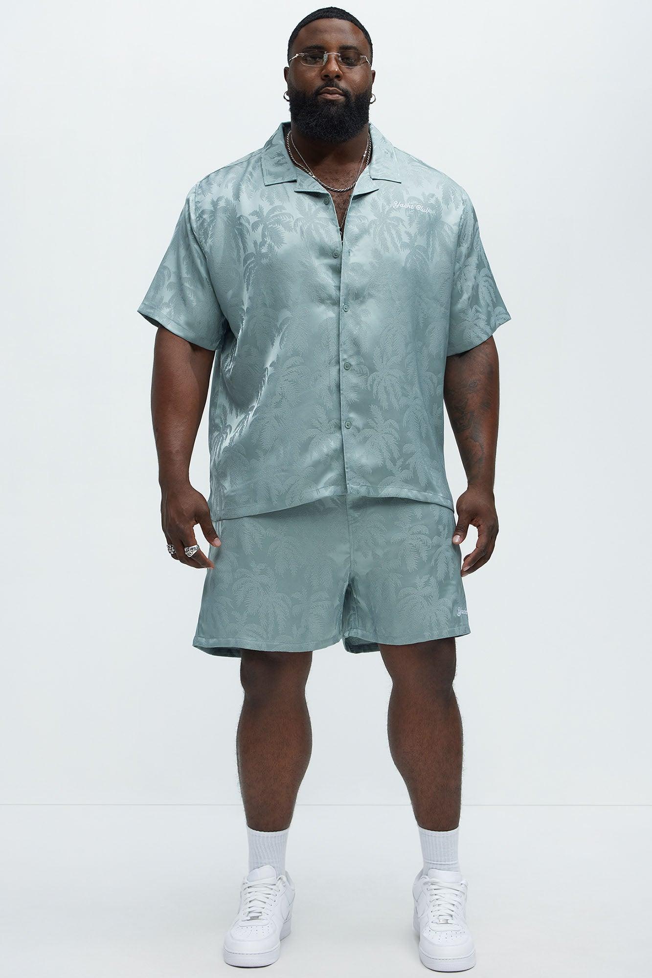 Palm Trees Jacquard Short Sleeve Button Up Shirt - Green Product Image
