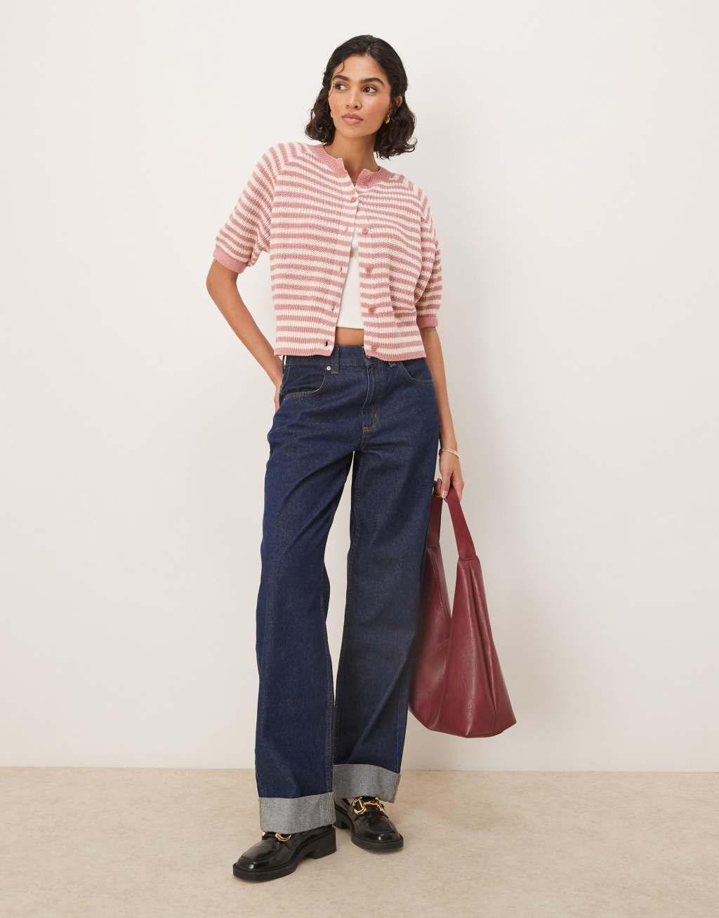 ASOS DESIGN knitted cardigan with raglan sleeve in dusty pink Product Image