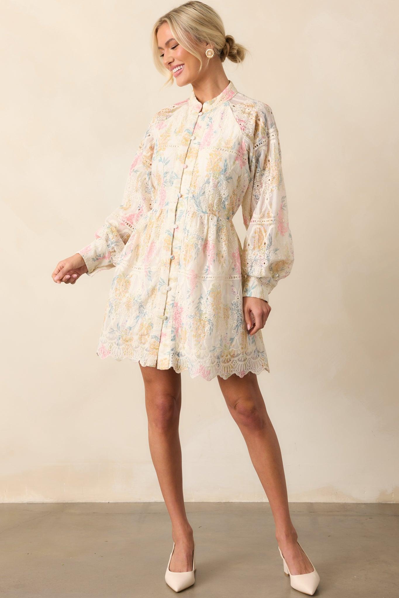 The Art Of Being Ivory Floral Embroidered Eyelet Mini Dress Product Image