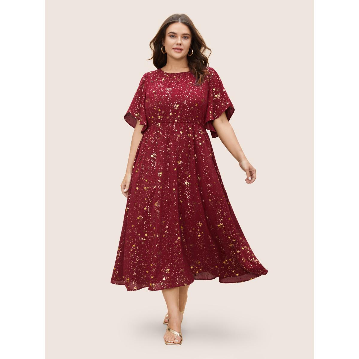 Plus Size Glitter Star Split Sleeve Midi Dress Mauve Women Elegant Gathered Round Neck Short sleeve Curvy BloomChic 12/L Product Image