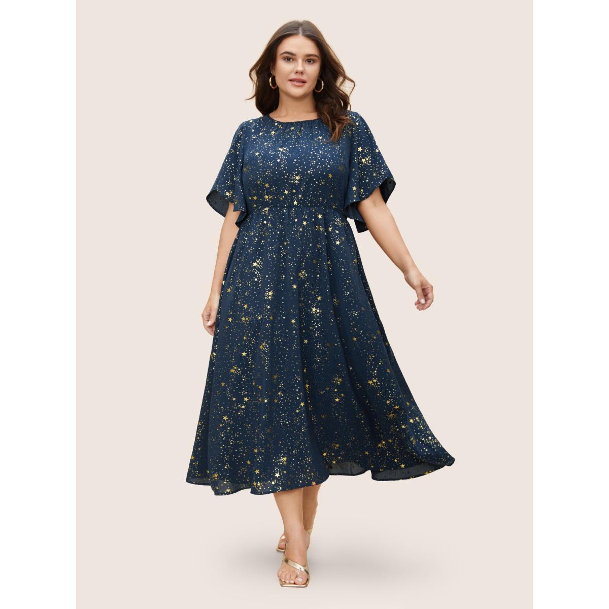 Plus Size Glitter Star Split Sleeve Midi Dress DarkBlue Women Elegant Gathered Round Neck Short sleeve Curvy BloomChic 10/M Product Image