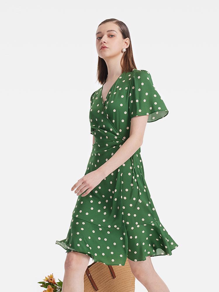 19 Momme Mulberry Silk Polka Dots Print Ruffle Women Mini Dress With S Product Image