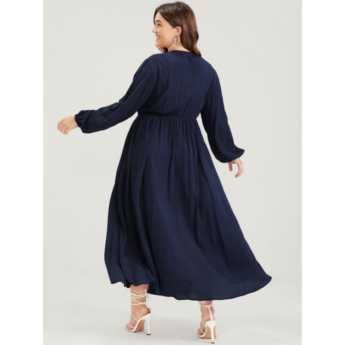 Plus Size Solid Embroidered Pocket Split Hem Flutter Wrap Ties Dress DarkBlue Women Elegant Embroidered V-neck Long Sleeve Curvy Long Dress BloomChic 10/M Product Image