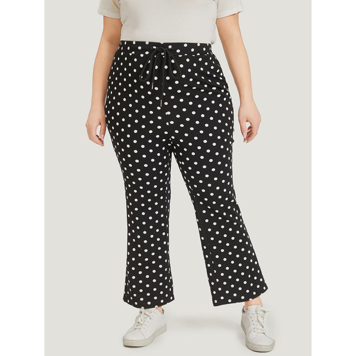 Polka Dot Print Pocket Ties Bootcut Sweatpants Black Plus Size Women Casual Everyday Drawstring 10/M Bloomchic Product Image