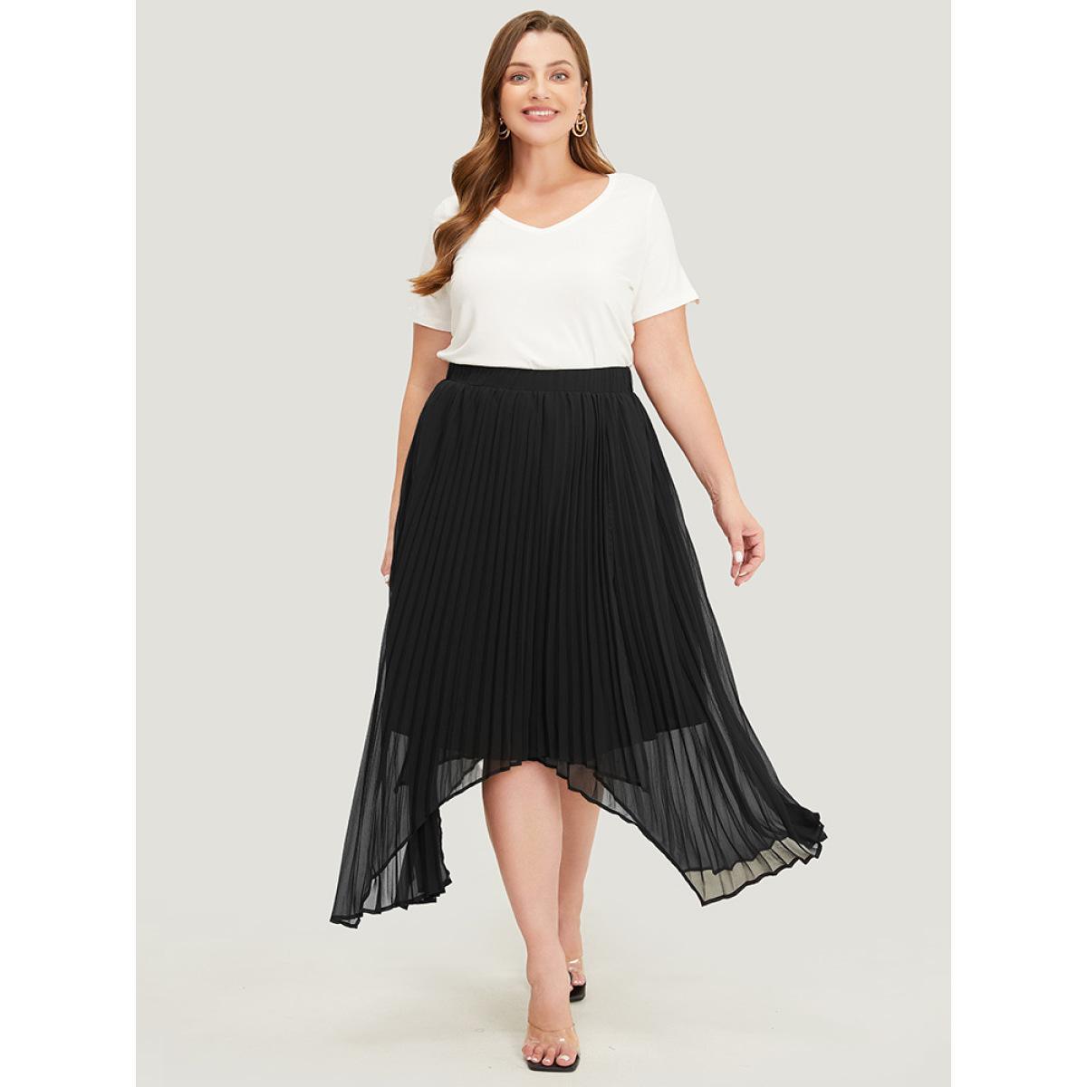 Plus Size Solid Mesh Pleated Detail Hanky Hem Skirt Women Black Elegant See through No stretch Dailywear Skirts BloomChic 28/5X Product Image