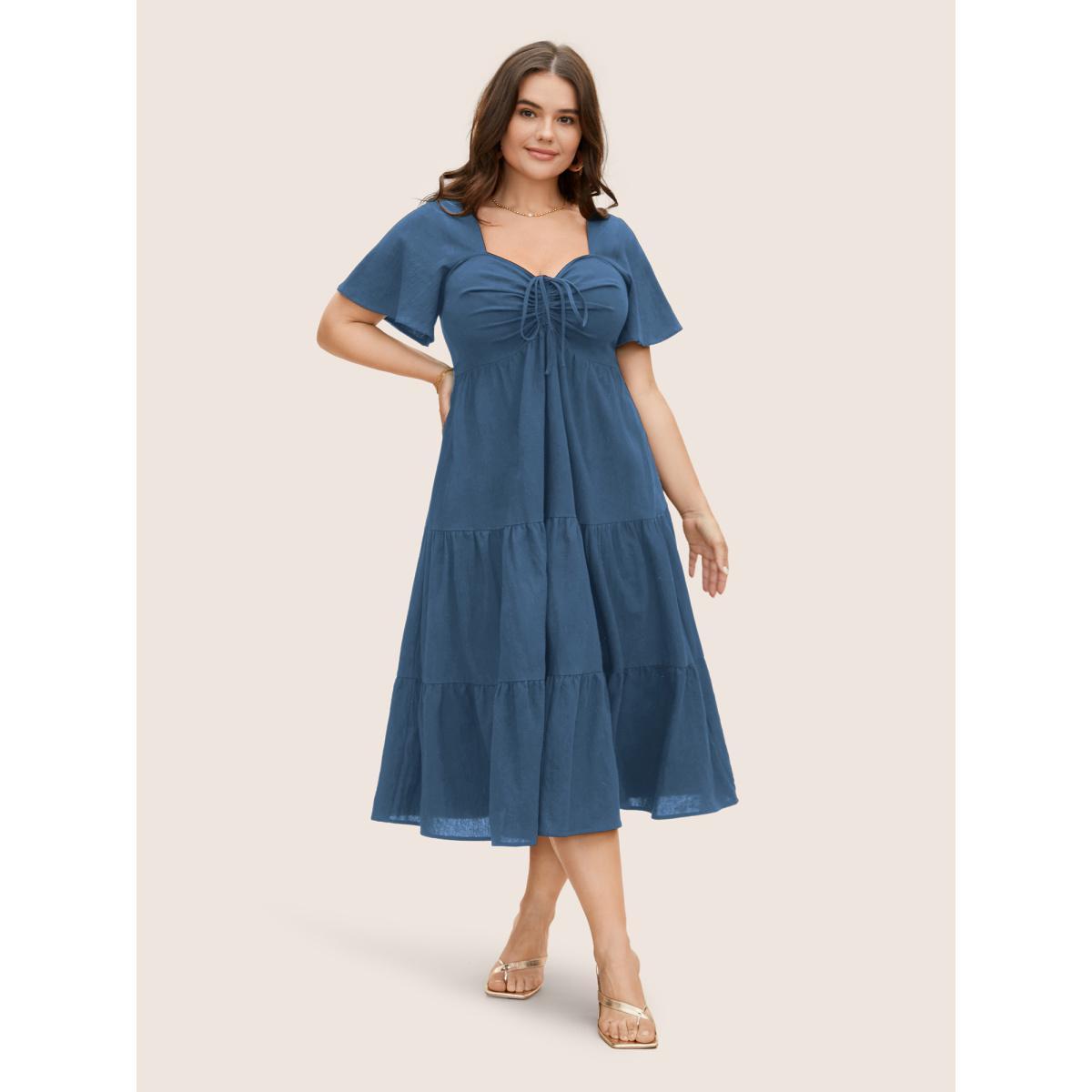 Plus Size Cotton Heart Neckline Drawstring Gathered Midi Dress Mediumblue Women Elegant Gathered Heart neckline Short sleeve Curvy BloomChic 22-24/3X Product Image