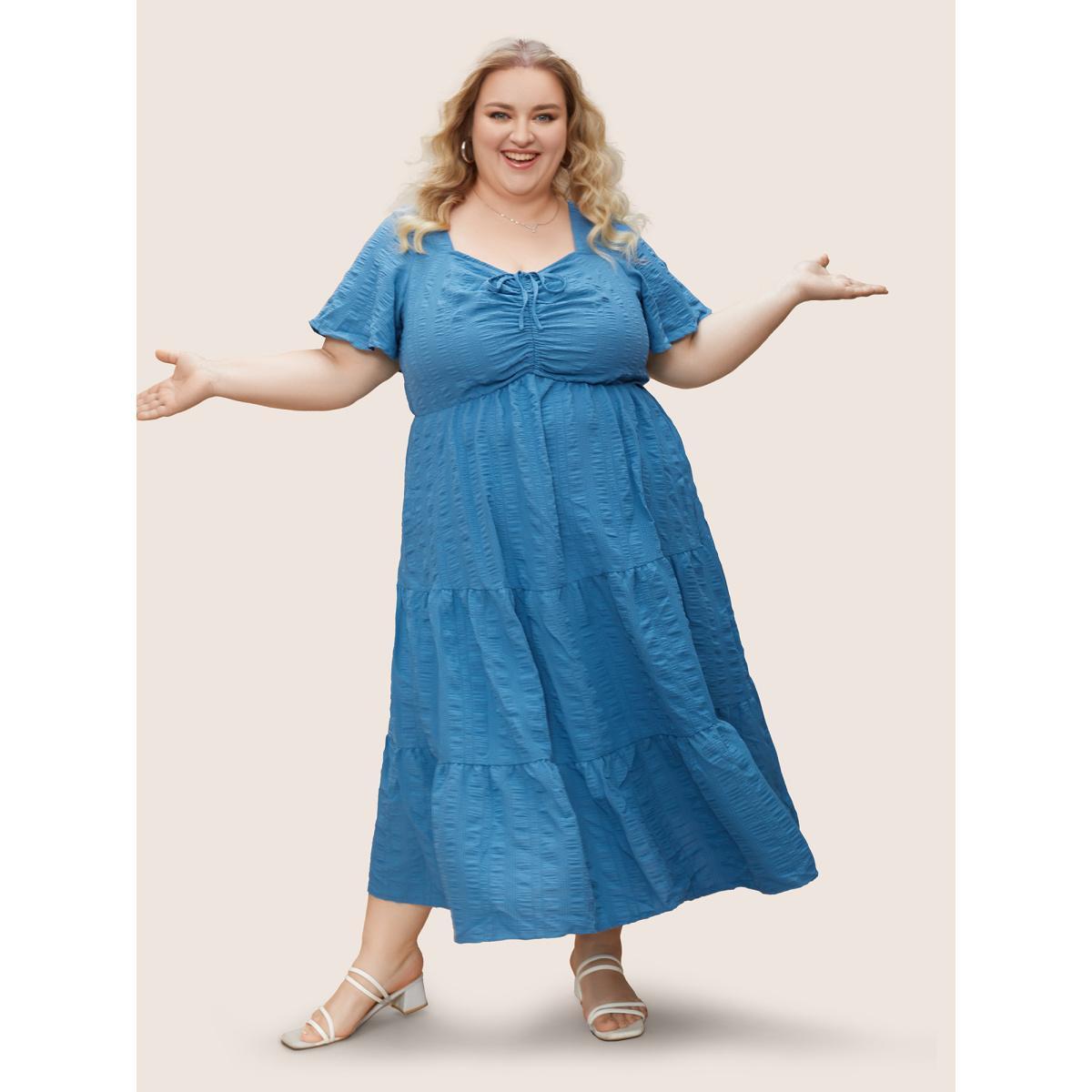 Plus Size Plain Ruched Drawstring Pocket Ruffle Tiered Dress Cerulean Women Elegant Non V-neck Short sleeve Curvy Midi Dress BloomChic 22-24/3X Product Image