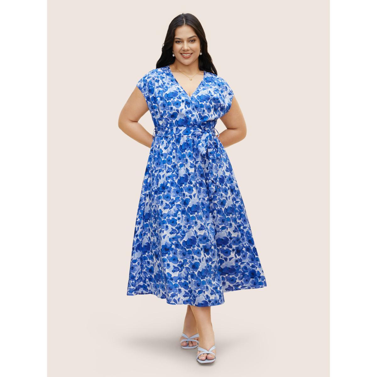 Plus Size Watercolor Floral Dolman Sleeve Maxi Dress Mediumblue Women Elegant Belted V-neck Sleeveless Curvy BloomChic 18-20/2X Product Image