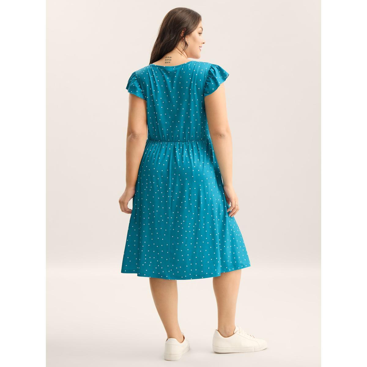 Plus Size Dot Print Ruched Drawstring Midi Dress Cerulean Women Heart neckline Short sleeve Curvy BloomChic 22-24/3X Product Image