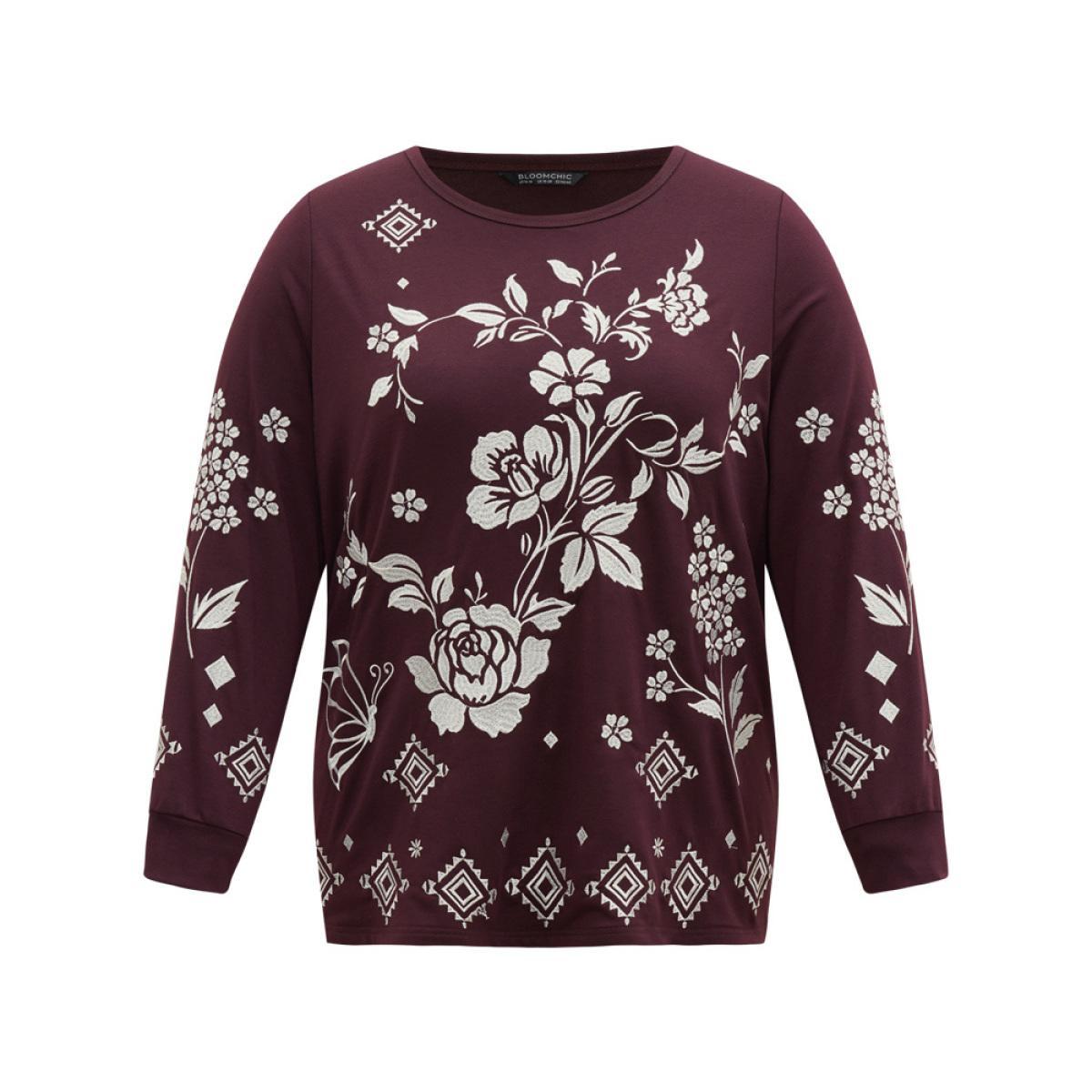 Plus Size Boho & Floral Textured Embroidery Round Neck Sweatshirt Women Maroon Elegant Embroidered Round Neck Dailywear Sweatshirts BloomChic 12/L Product Image