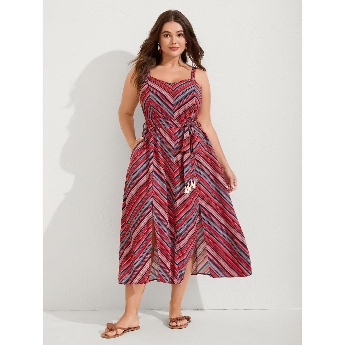 Plus Size Boho Stripe Waist-Tie Cami Midi Dress Rosered Women Heart neckline Sleeveless Curvy BloomChic 10/M Product Image
