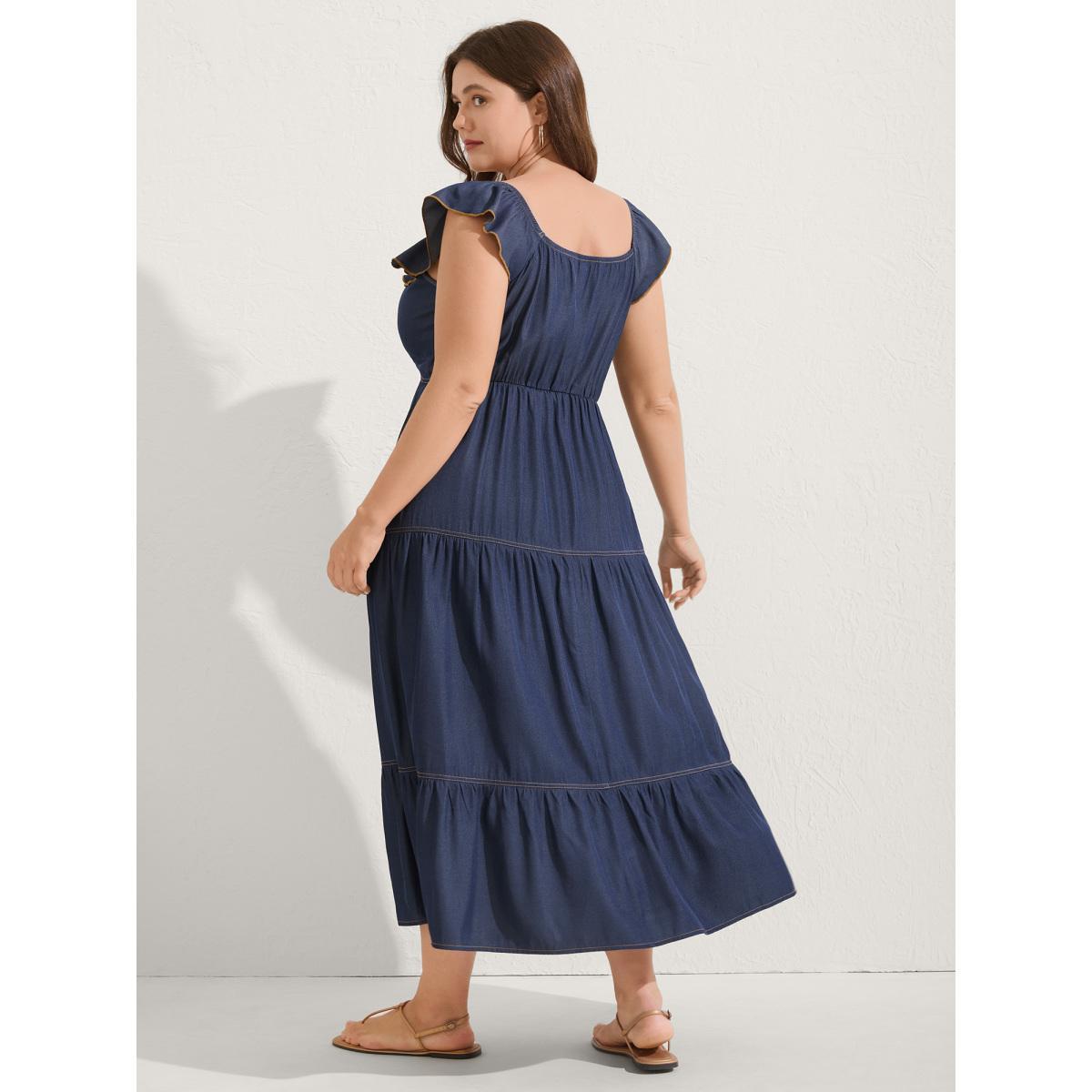Plus Size Denim-Like Ruffled Tiered Midi Dress Indigo Women Square Neck Cap Sleeve Curvy BloomChic 26/4X Product Image