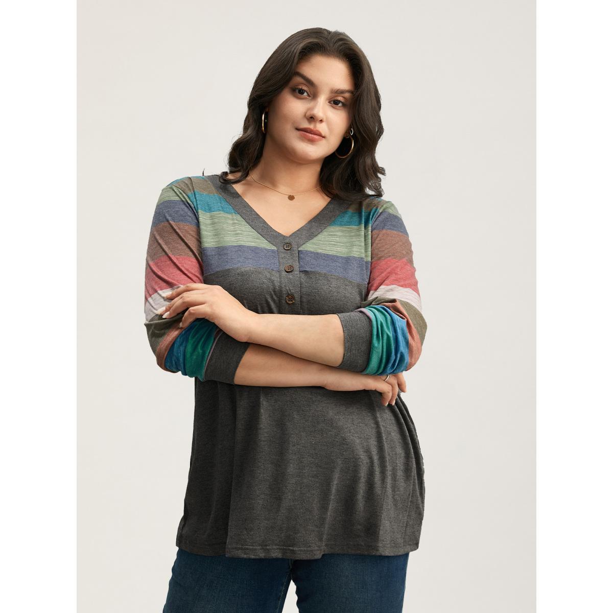 Plus Size Colorblock Contrast V Neck Button Up T-shirt Multicolor Women Casual Elastic cuffs Striped V-neck Everyday T-shirts BloomChic 12/L Product Image