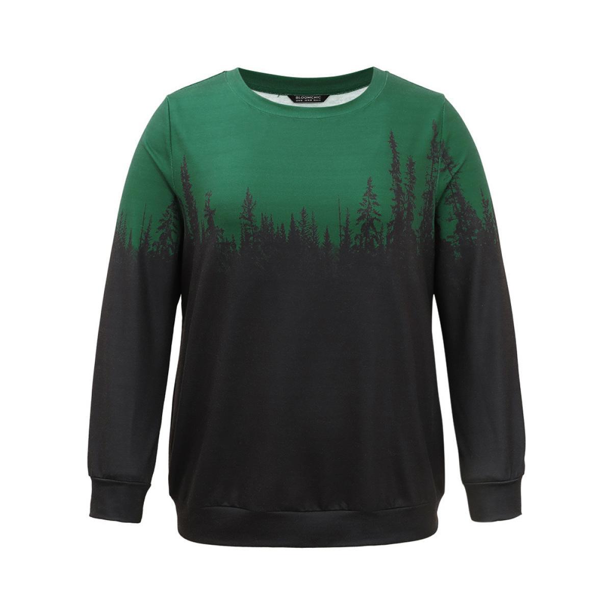 Plus Size Ombre Forest Contrast Crew Neck Sweatshirt Women DarkGreen Casual Printed Round Neck Dailywear Sweatshirts BloomChic 14-16/1X Product Image