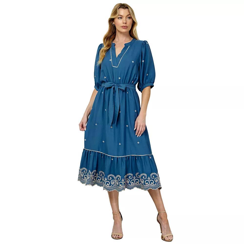 Women's Figueroa & Flower V-Neck Embroidered Peasant Dress, Size: Large, Chambray Product Image