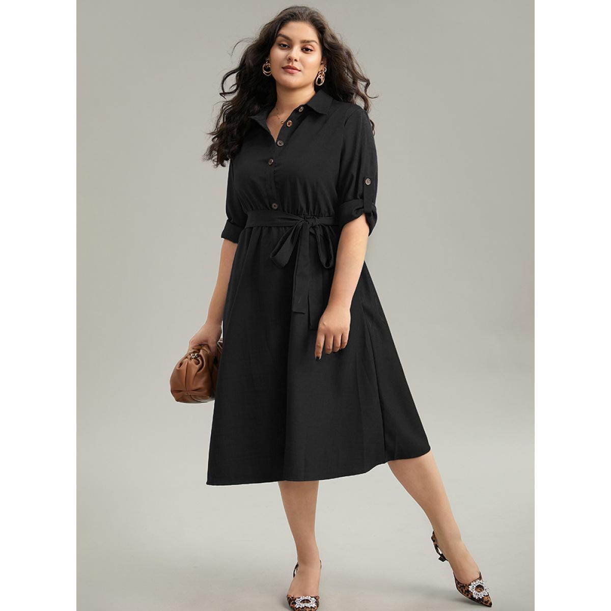Plus Size Static-Free solid Belted Tab Sleeve Dress Black Women Office Plain Shirt collar Long Sleeve Curvy Midi Dress BloomChic 30/6X Product Image