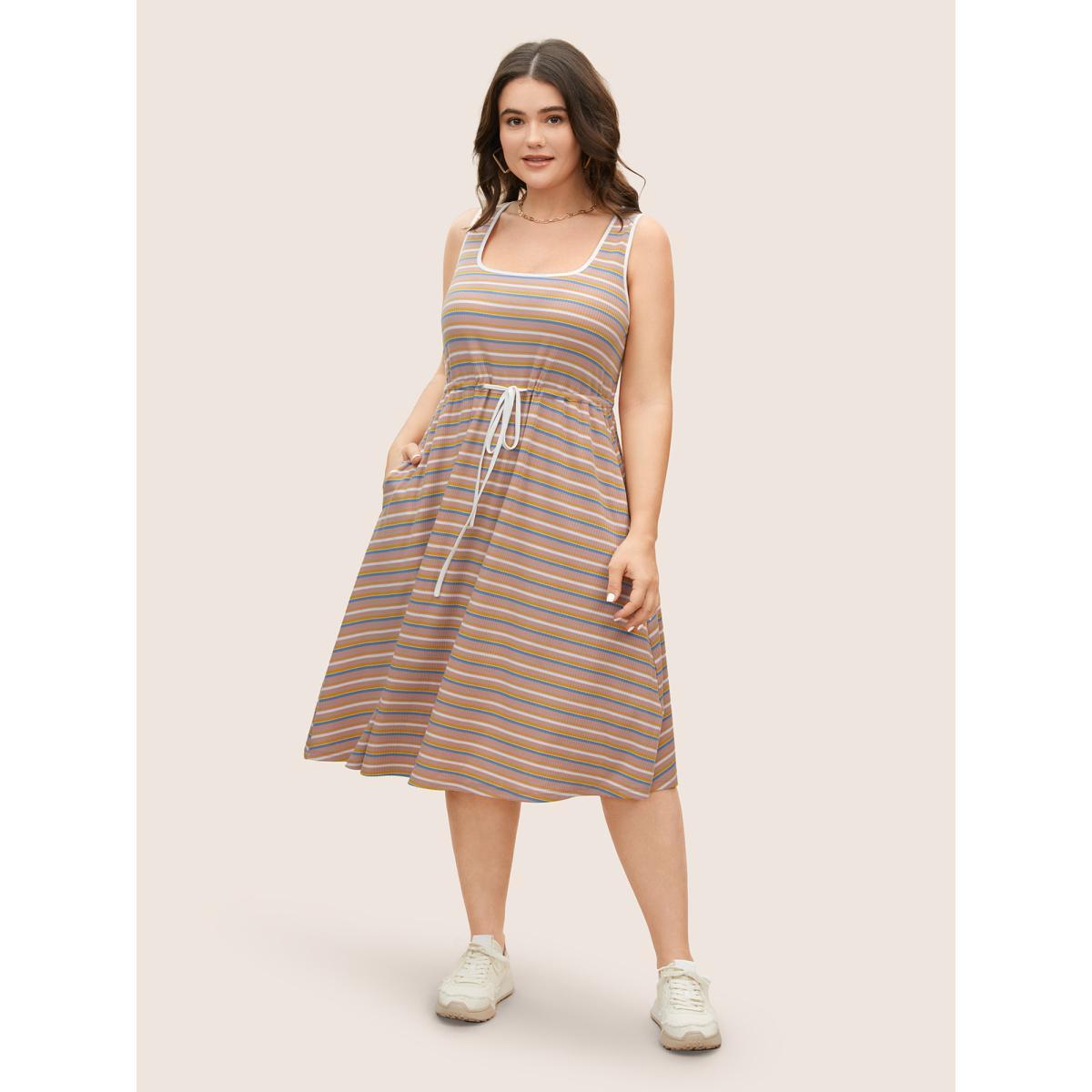 Plus Size Square Neck Colored Striped Drawstring Tank Dress Dirtypink Women Casual Drawstring Square Neck Sleeveless Curvy BloomChic 30/6X Product Image
