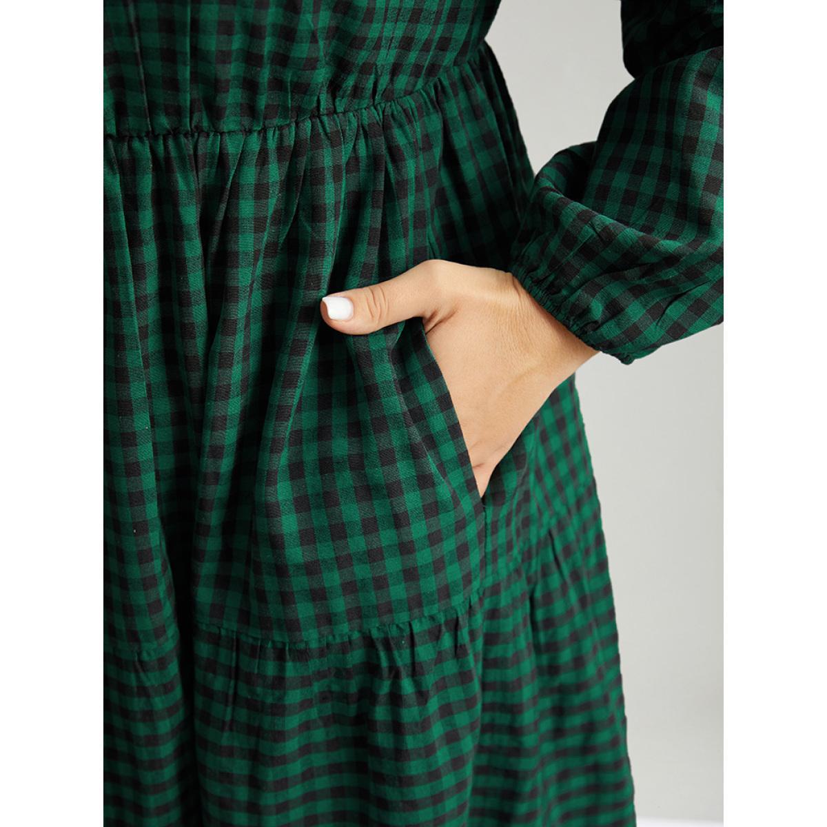 Plus Size Gingham Pocket Button Up Elastic Waist Dress DarkGreen Women Casual Elastic cuffs Shirt collar Long Sleeve Curvy Midi Dress BloomChic 28/5X Product Image