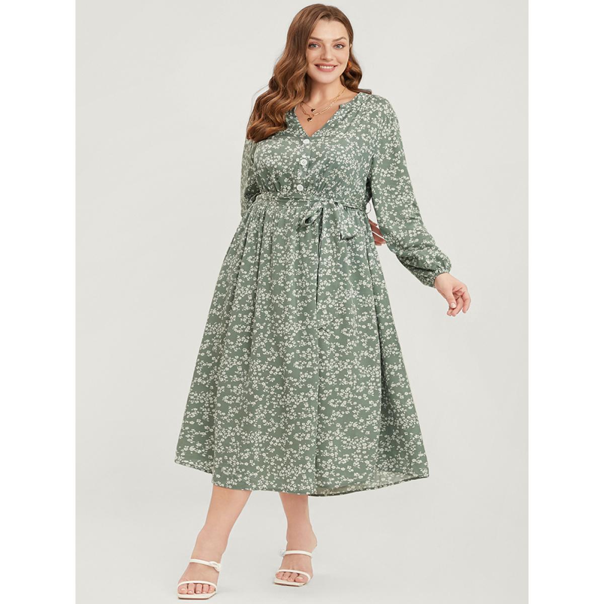 Plus Size Ditsy Floral Lantern Sleeve Pocket Button Through Belted Midi Dress Sage Women Elegant Button V-neck Long Sleeve Curvy Midi Dress BloomChic 30/6X Product Image