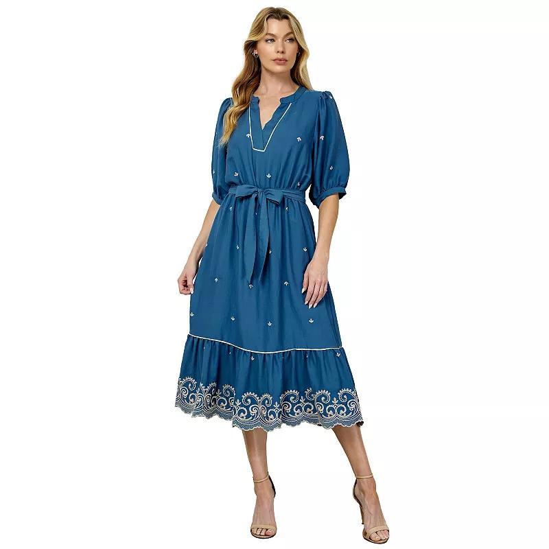 Women's Figueroa & Flower V-Neck Embroidered Peasant Dress, Size: Large, Chambray Product Image