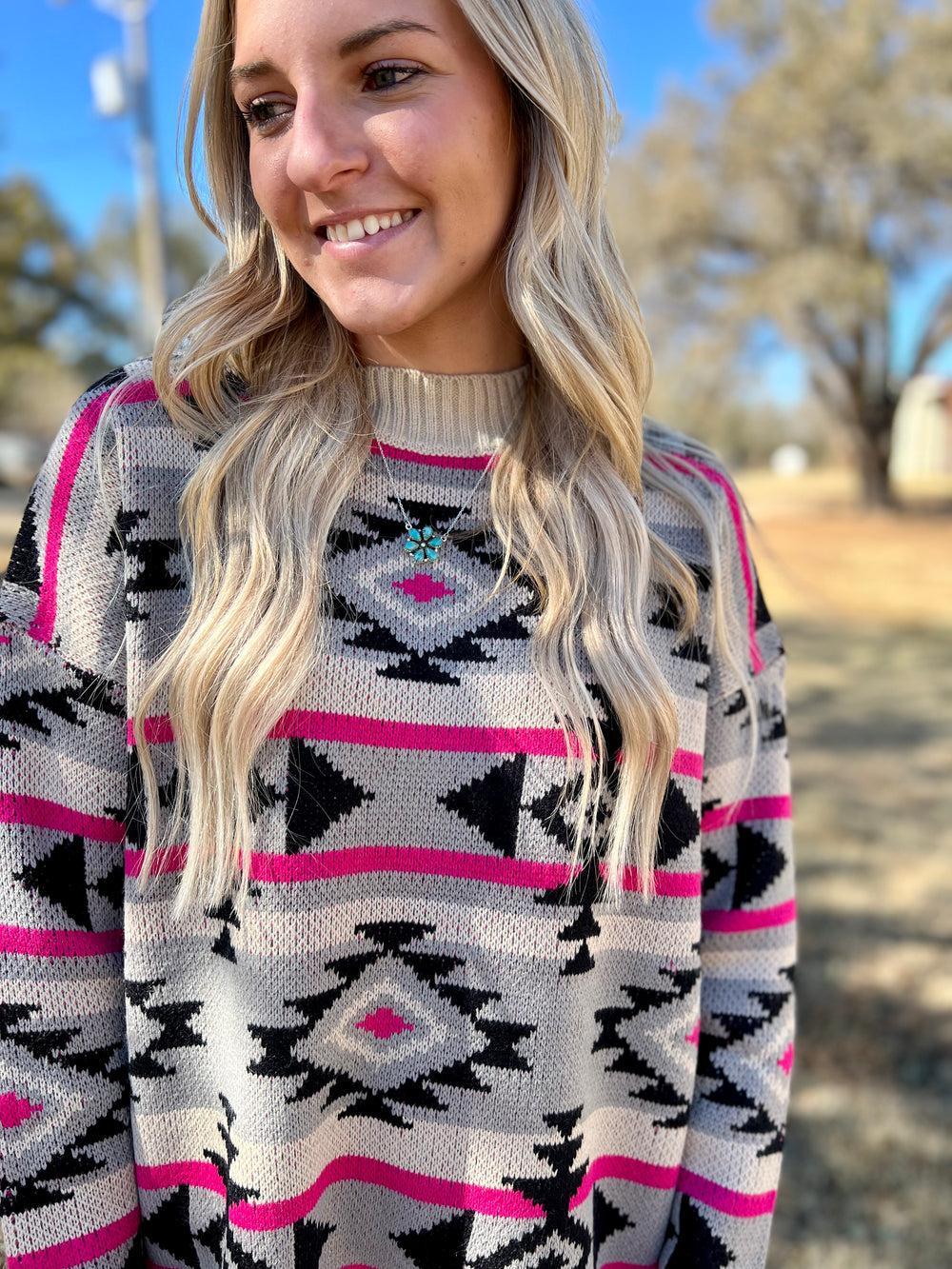 Black And Pink Aztec Knitted Sweater* Product Image