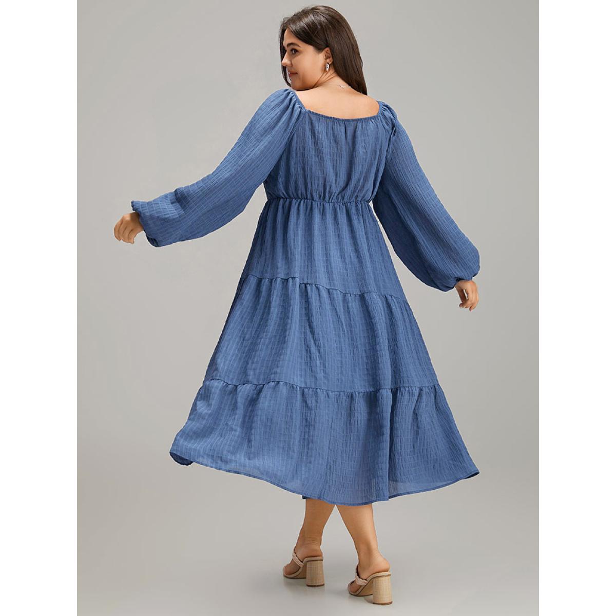 Plus Size Plisse Twist Front Layered Hem Dress Cerulean Women Elegant Elastic cuffs Square Neck Long Sleeve Curvy Midi Dress BloomChic 18-20/2X Product Image