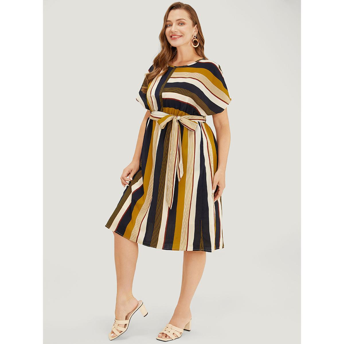 Plus Size Striped Patchwork Belted Ruffles Pocket Dolman Sleeve Dress Multicolor Women Vacation Contrast Round Neck Short sleeve Curvy Knee Dress BloomChic 18-20/2X Product Image