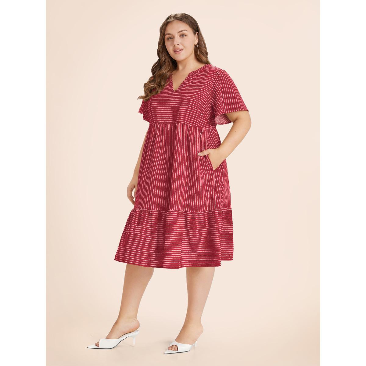 Plus Size Striped Patchwork Notched Flutter Layered Babydoll Dress Crimson Women Office Gathered Notched collar Short sleeve Curvy Midi Dress BloomChic 28/5X Product Image