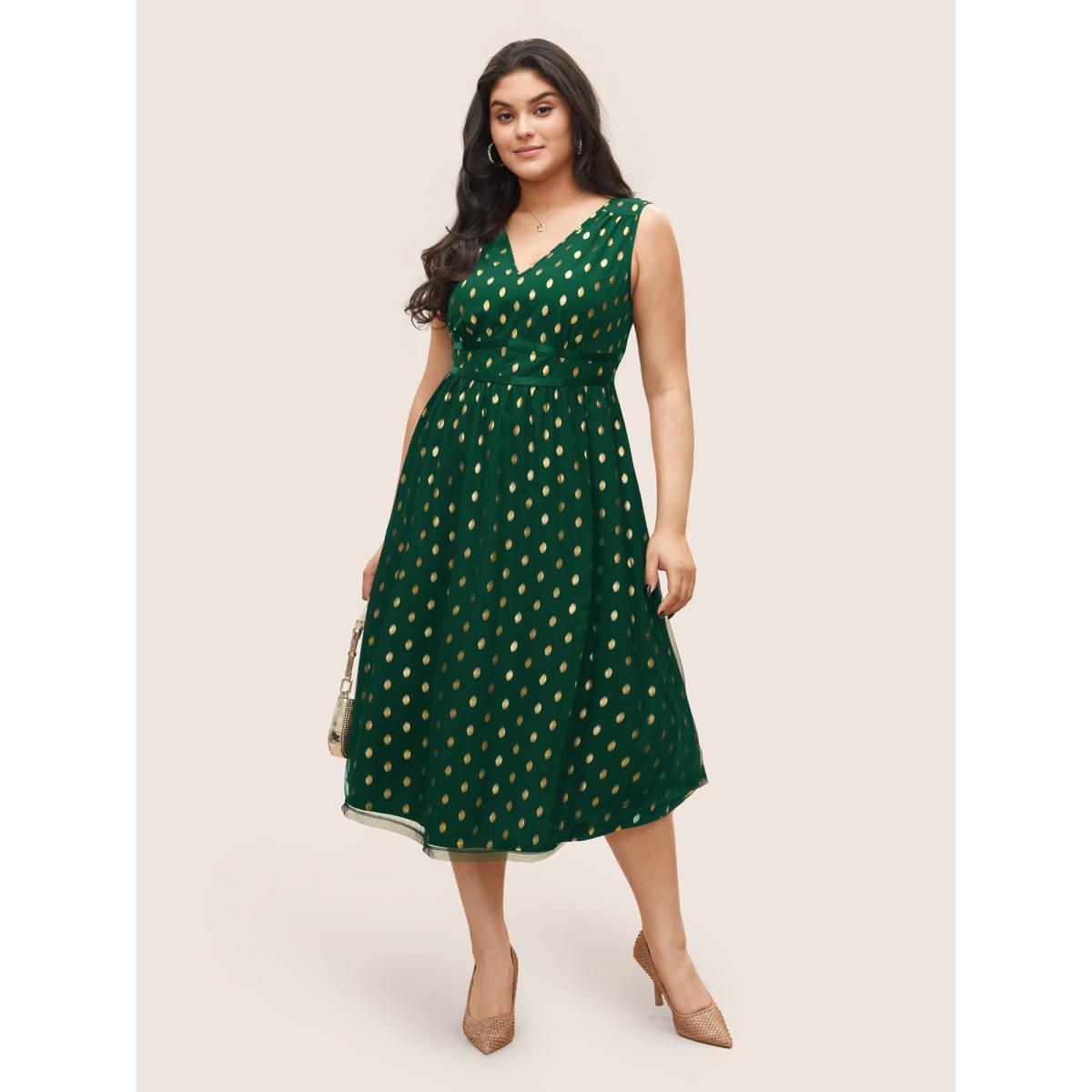 Plus Size Glitter Polka Dot Pocket Patchwork Tank Dress Emerald Women Cocktail Non V-neck Sleeveless Curvy Midi Dress BloomChic 12/L Product Image