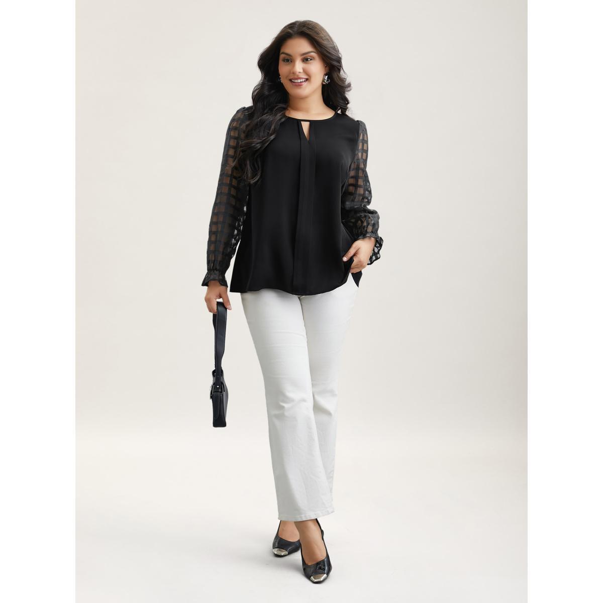 Plus Size Black Sheer Textured Sleeve Neck Cut-Out Shirt Women At the Office Long Sleeve Round Neck Work Blouses BloomChic 28/5X Product Image