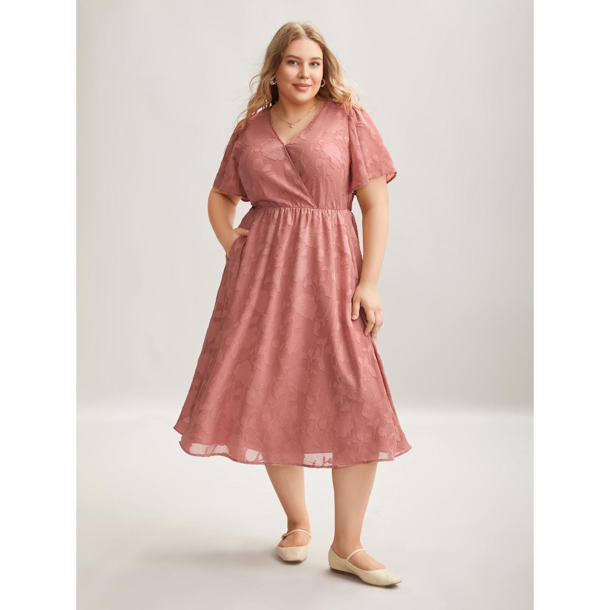 Plus Size Textured Surplice Neck Flared Sleeve Midi Dress Rouge Women Elegant Texture Overlap Collar Short sleeve Curvy BloomChic 28/5X Product Image