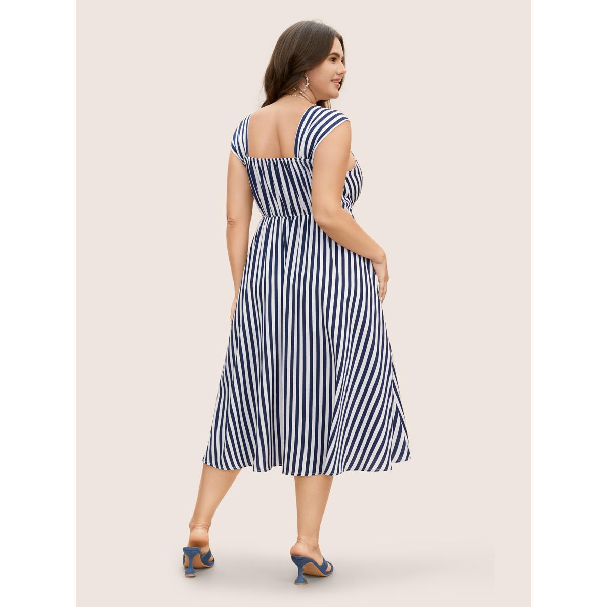 Plus Size Striped Button Detail Split Front Midi Dress Indigo Women Elegant Gathered Heart neckline Sleeveless Curvy BloomChic 18-20/2X Product Image