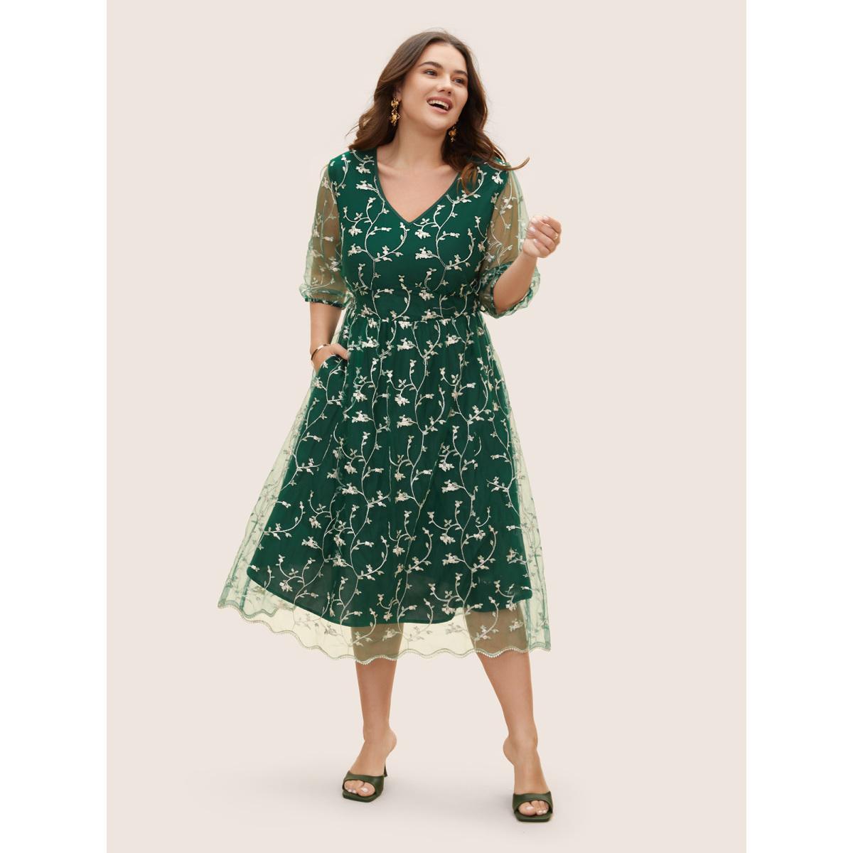Plus Size Floral Embroidered Mesh Lantern Sleeve Dress DarkGreen Women Elegant Texture V-neck Half Sleeve Curvy BloomChic 12/L Product Image