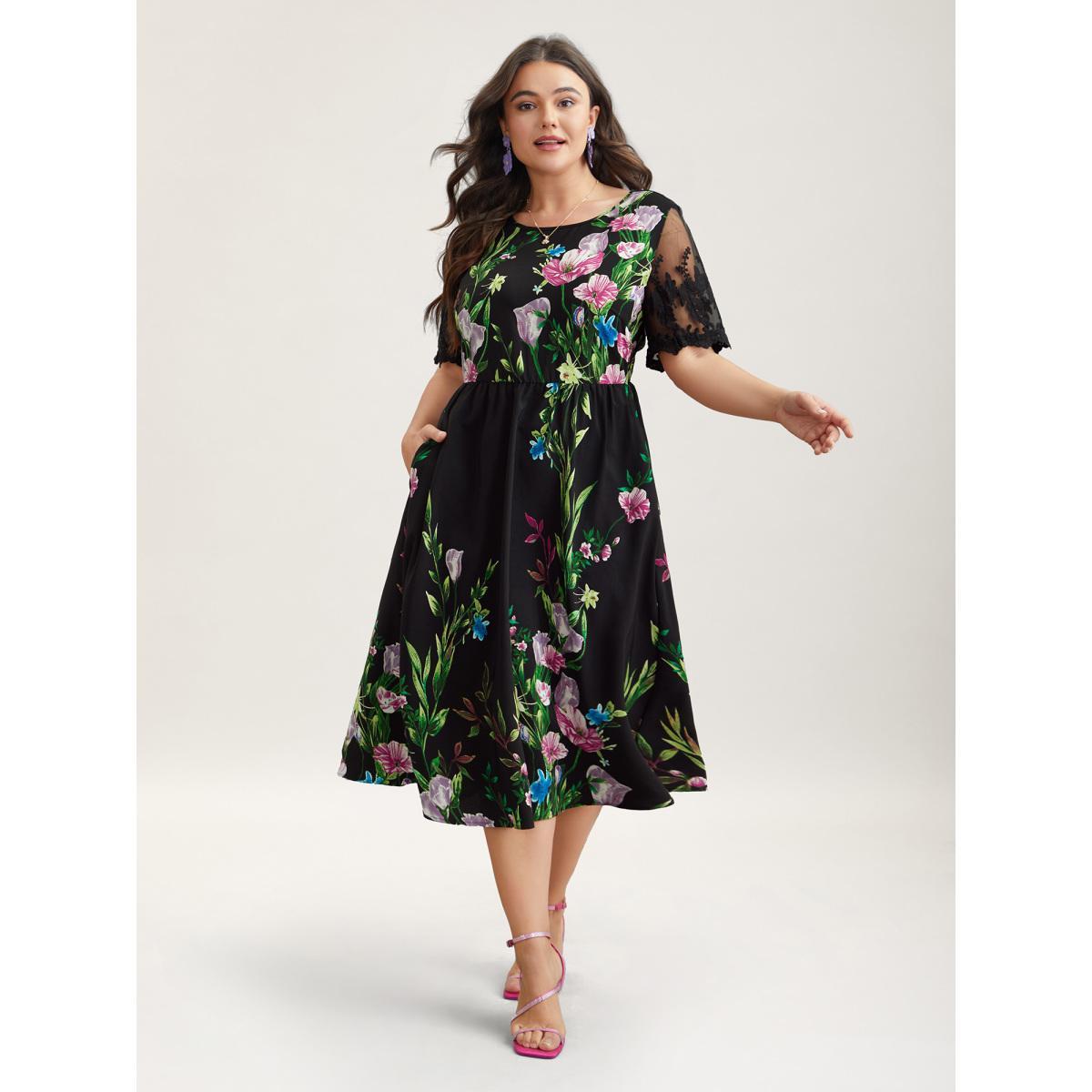 Plus Size Floral Print Flared Sleeve Spliced Midi Dress Black Women Elegant See through Round Neck Short sleeve Curvy BloomChic 28/5X Product Image