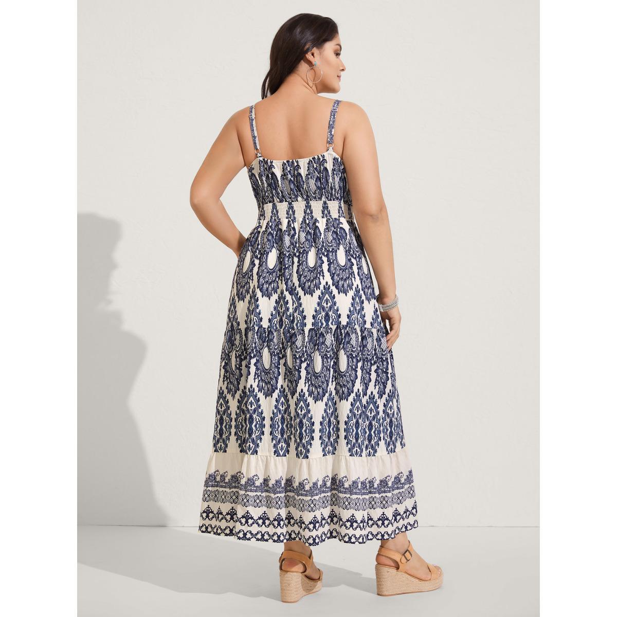 Plus Size Boho Print Shirred Cami Midi Dress DarkBlue Women V-neck Sleeveless Curvy BloomChic 18-20/2X Product Image