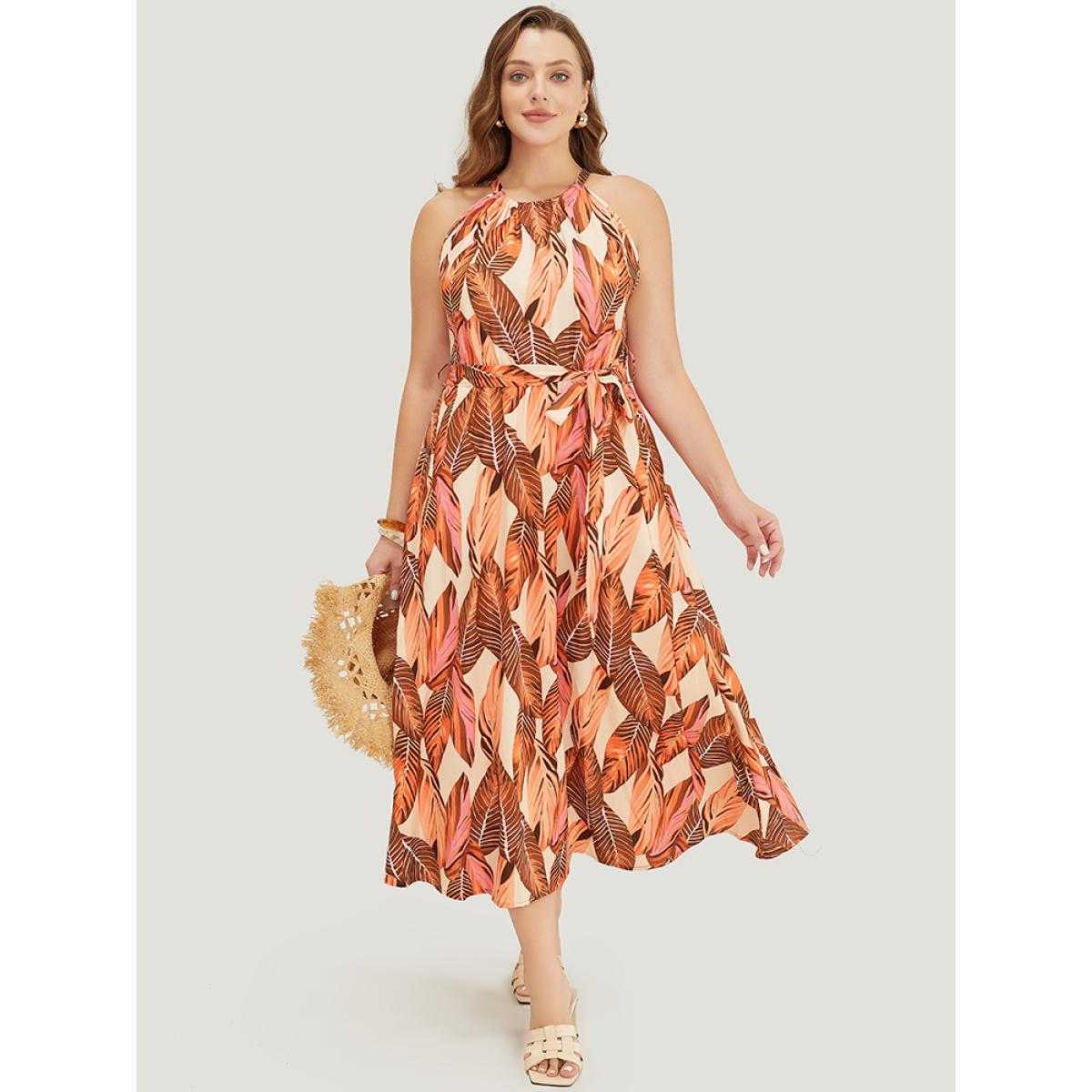 Plus Size Tropical Print Knotted Pocket Ruffles Belted Halter Dress OrangeRed Women Resort Non Halter neck Sleeveless Curvy Midi Dress BloomChic 14-16/1X Product Image