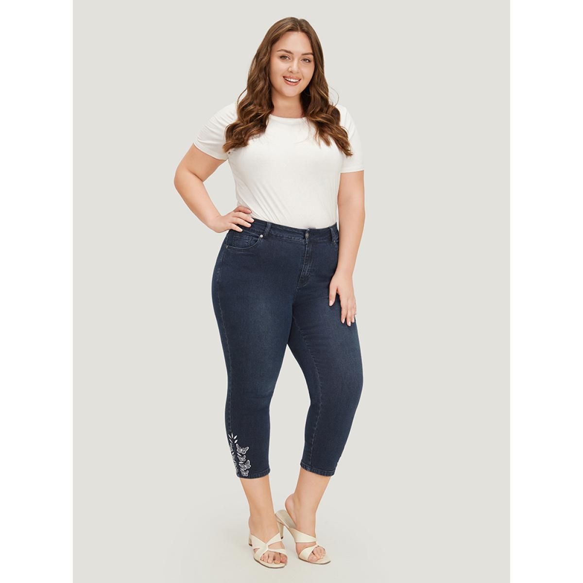 Plus Size Very Stretchy High Rise Dark Wash Butterfly Embroidered Jeans Women DarkBlue Casual Plain Embroidered High stretch Pocket Jeans BloomChic 14/1X Product Image